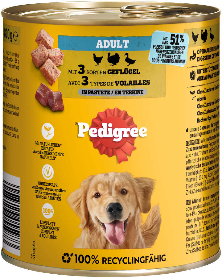 Pedigree Hunde-Nassfutter Adult mit 3 Sorten Geflügel in Pastete